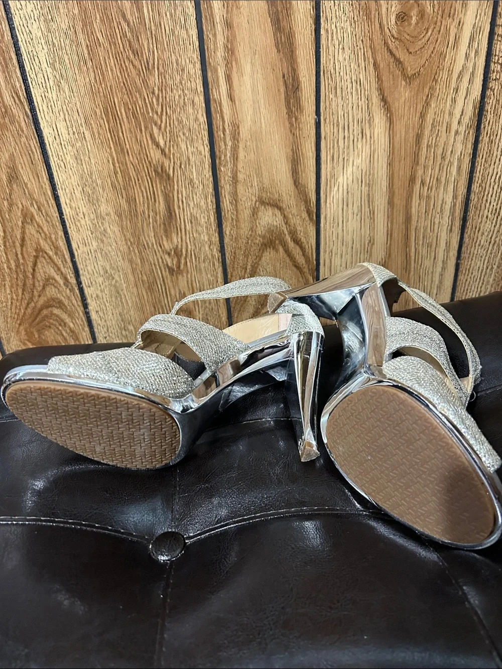 Michael Kors Glitter Gold Strappy High Heel Sandals with Front Zip